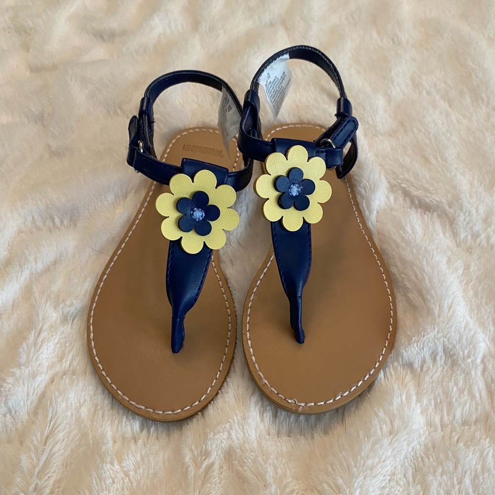 Gymboree Girls T-strap Navy and Yellow Flower Sandals Size 10 NWOT